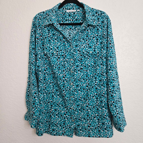 NOTATIONS 1X Teal Button Down Long Sleeve Top Quirky Print Career Casual - Picture 1 of 7